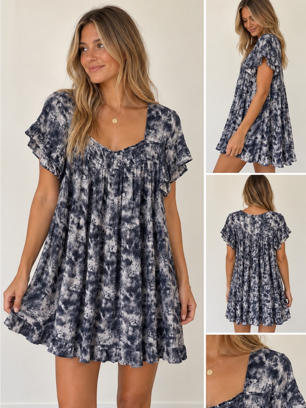 Tie-Dye Short Sleeve Mini Dress in Navy